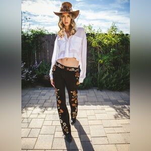 1990's Esther Chen Deadstock Chocolate Suede Hand Embroidered Low Rise Pants